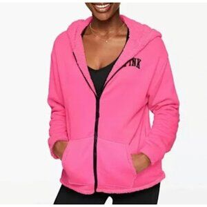 Victoria's Secret EUC PINK Reversible Fleece Sherpa Hoodie Zip Jacket  Size XS